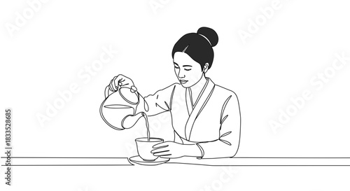 Line drawing of a woman watering a potted plant while sitting at a table, showcasing care for home gardening on a transparent background