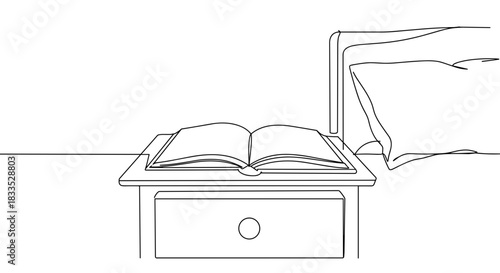 Line drawing of an open book on a nightstand beside a pillow, creating a cozy bedroom atmosphere with a peaceful and inviting setting on a transparent background.
