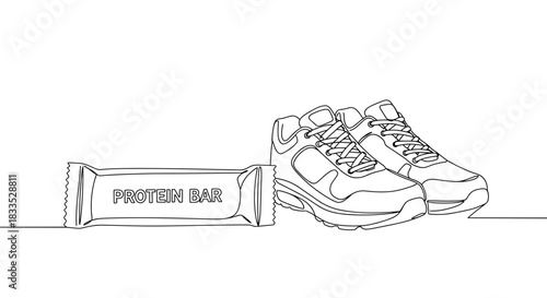 Line drawing of fitness shoes and a protein bar on a transparent background, emphasizing healthy lifestyle choices and nutrition for athletic performance and workout routines.