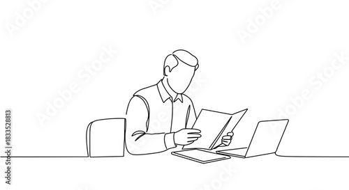 Line drawing of a man studying documents on a desk with a laptop and papers, carefully reviewing information in an office setting on a transparent background