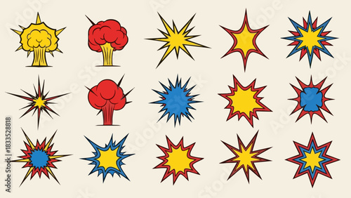 Collection of Comic Style Explosion Effects and Nuclear Blast Icons.