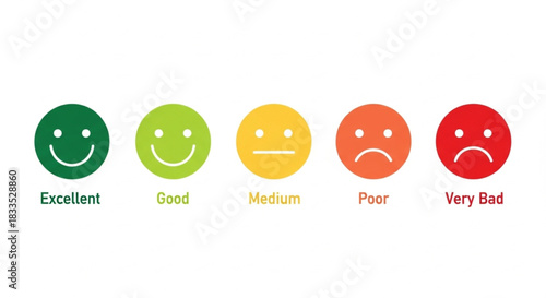 Customer feedback survey rating scale with smiley faces representing satisfaction levels from excellent to very bad