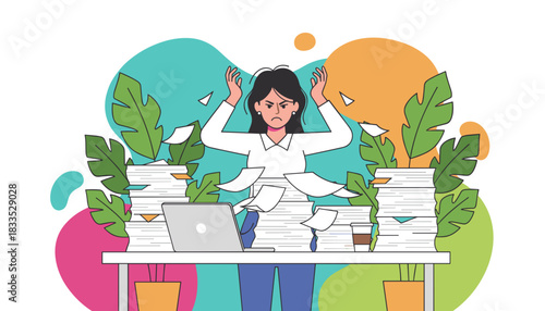Overworked businesswoman stressed by massive paperwork and demanding deadlines