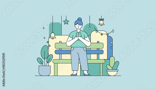 Minimalist illustration of a woman using a smartphone in a cozy decorated space