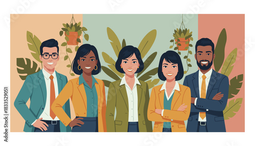 Diverse team of professionals smiling in a vibrant modern office with plants