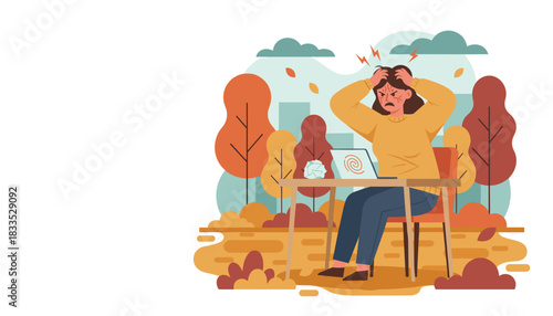 Woman suffering severe work stress and headache while working on her laptop in an autumn outdoor park