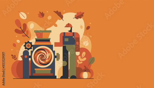 Fall harvest production worker operating machinery with pumpkins and autumn leaves