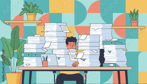 Stressed employee buried under mountains of paperwork Workload office bureaucracy and deadline pressure