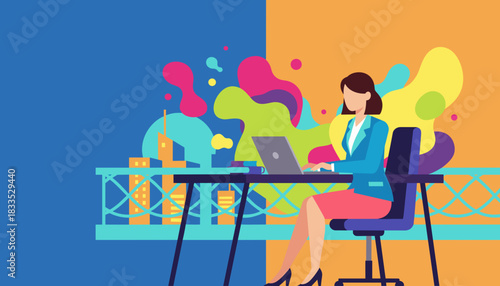 A businesswoman works remotely on a laptop overlooking a vibrant abstract cityscape