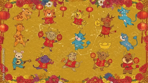 A pattern of cartoon ox characters celebrating in front of red lanterns on a gold background