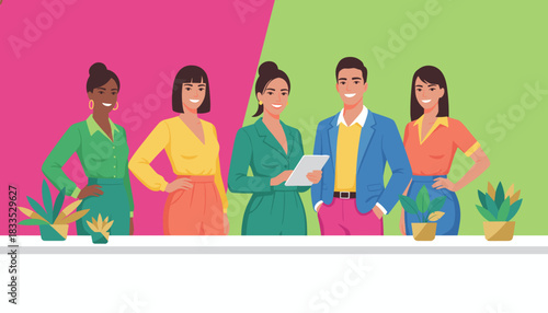 Diverse professional team standing together smiling confidently with bright colors