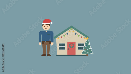 Holiday service worker in Santa hat stands by decorated house Seasonal maintenance concept