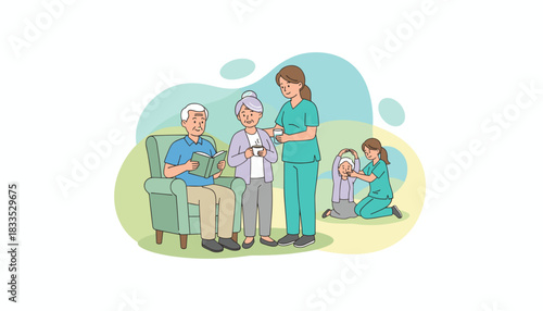 Professional nurses assisting senior patients with reading hydration and gentle physical therapy exercises