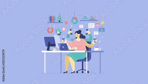 Efficient woman juggling multiple tasks phones and coffee in a festive decorated office