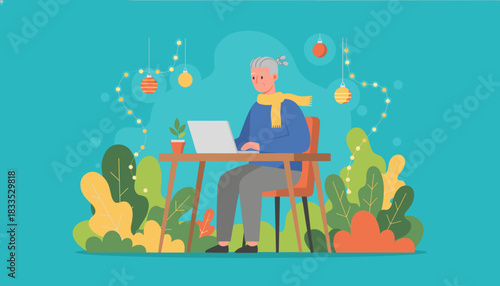 Senior person working on a laptop at a decorated desk surrounded by plants Remote work and lifestyle