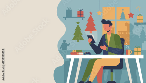 Busy man uses a digital tablet for work or holiday shopping in his festive home office