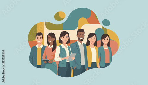 Diverse business team smiling in front of a modern abstract background representing collaboration