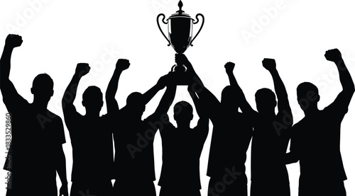 Team of Cheering Winners Silhouette Holding Trophy Above Heads, Celebrating Victory and Success, Championship and Achievement Celebration Vector Illustration.