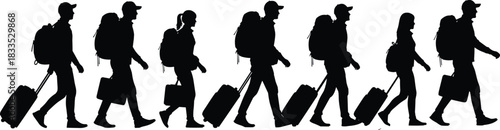 Travelers silhouettes, people walking with backpacks and suitcases, tourists group moving, airport passengers queue, black vector illustration isolated on white background, journey concept.