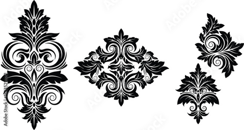 Vintage damask floral ornaments set, black vector silhouettes collection, luxury baroque flourishes for wedding design, decorative tattoo elements, retro swirl patterns, isolated graphic illustration.