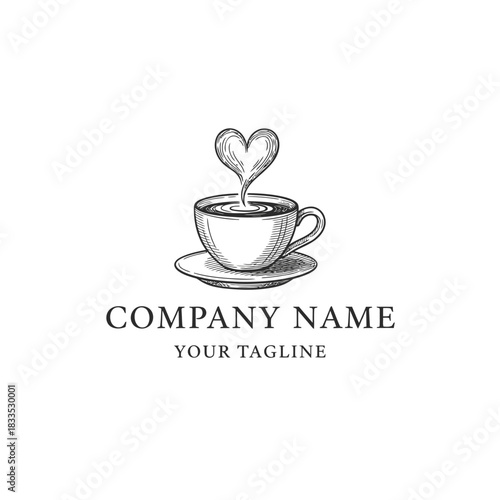 Coffee cup with heart shaped steam logo design for cafe.