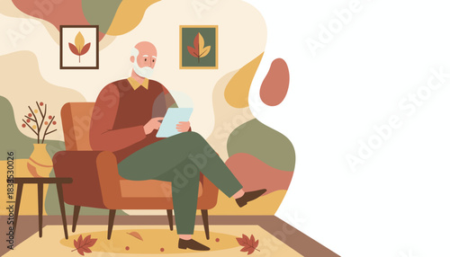 Senior man using tablet in a cozy autumn living room Retirement digital technology and home leisure