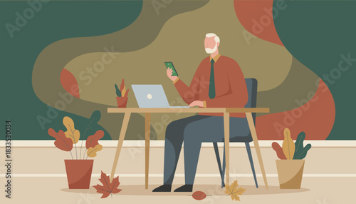 Older businessman uses smartphone and laptop at his desk in a warm autumnal home office