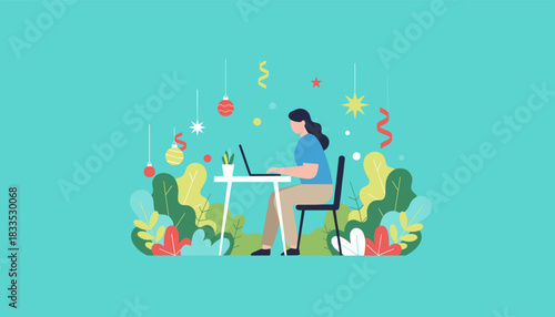 Remote worker using laptop amidst festive holiday decorations and lush plants
