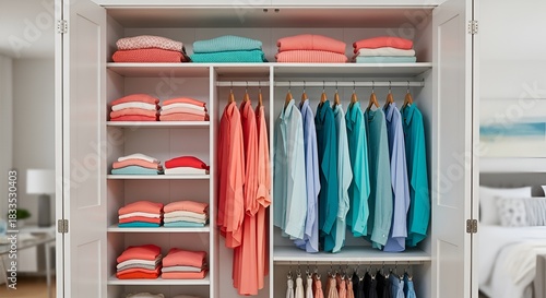 Neatly organized white closet with folded sweaters and hanging shirts in bright, cheerful colors.