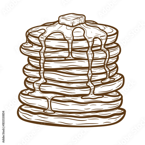 Delicious stack of pancakes with syrup and butter detailed sketch illustration