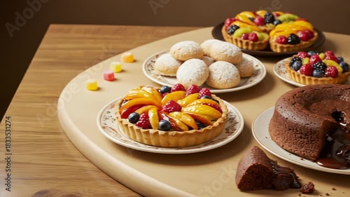 A selection of chocolate lava cake fruit tarts and powdered cookies on a lightcolored round tray