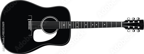 Acoustic Guitar Silhouette, Black and White Vector Illustration, Musical Instrument Icon, Classic Dreadnought Shape, Stringed Folk Music Equipment, Digital Graphic.
