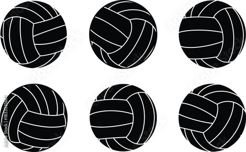 Black and white vector illustration set of classic volleyball balls for sports logo, game equipment icon, team branding, athletic activity, or recreational training symbol.