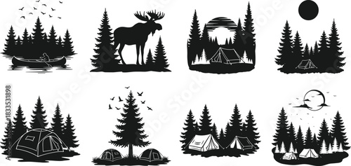 Wilderness Camping and Adventure Silhouettes, Outdoor Canoe, Moose, and Tent Vector Icons: Forest Travel, Nature Hiking, Pine Tree Landscape, Black and White Graphic
