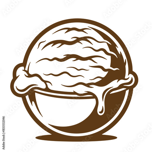 Elegant vintage sketch illustration of a brown scoop of delicious melting ice cream