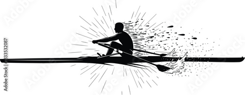 Single Sculler Silhouette Rowing Dynamic Splash Competition Energy, Sporty Black and White Vector Illustration for Fitness and Race Design