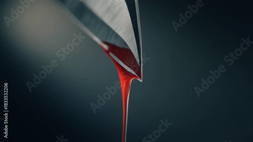 A metallic blade suspended in mid-air with red fluid slowly sliding down its edge
