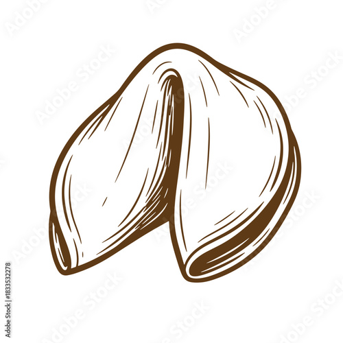 Hand drawn illustration of a closed fortune cookie rendered with a sketch vintage style