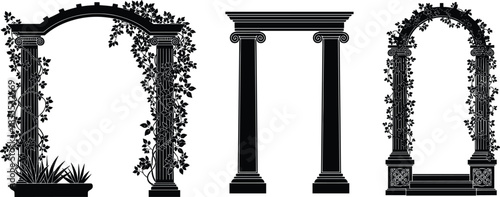 Set of garden arch silhouettes, decorative stone columns with climbing vines, floral wedding gate vector illustration, isolated on white background, architectural design.