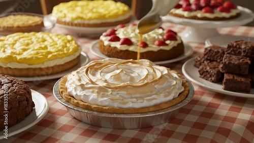 A variety of pies cakes and brownies arranged on a checkered tablecloth
