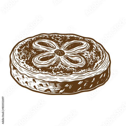 Hand drawn sketch illustration of a delicious floral patterned pie pastry treat