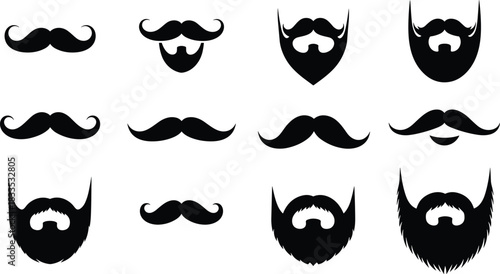 Set of Mustache and Beard Silhouettes in Various Styles, Fashionable Facial Hair Shapes, Hipster Barbershop Design Element Collection Vector Illustration.