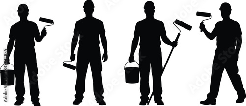 Set of painter silhouettes, construction worker holding roller and bucket, black vector illustration isolated on white background, house renovation handyman design collection.