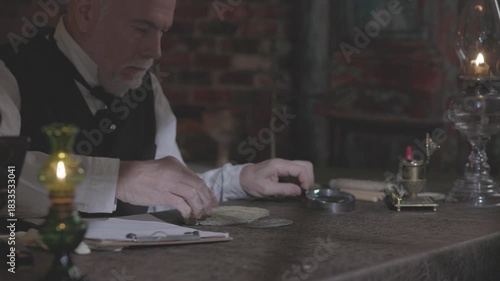 1901 Museum Curator examining stone