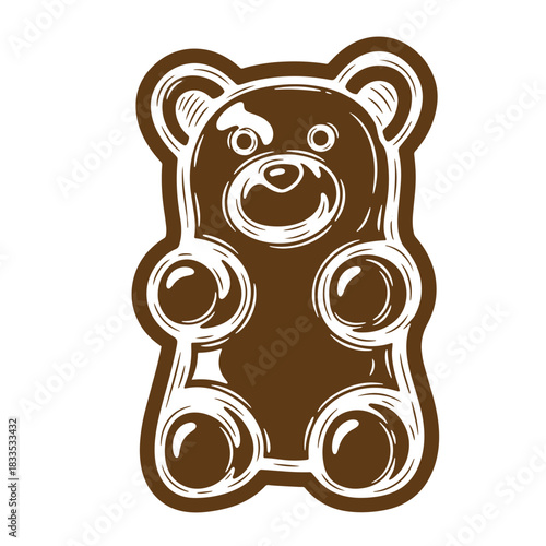 Illustration of a hand drawn sketch style vintage brown gummy bear candy isolated on white