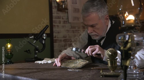 1901 Museum Curator cleaning stone tablet