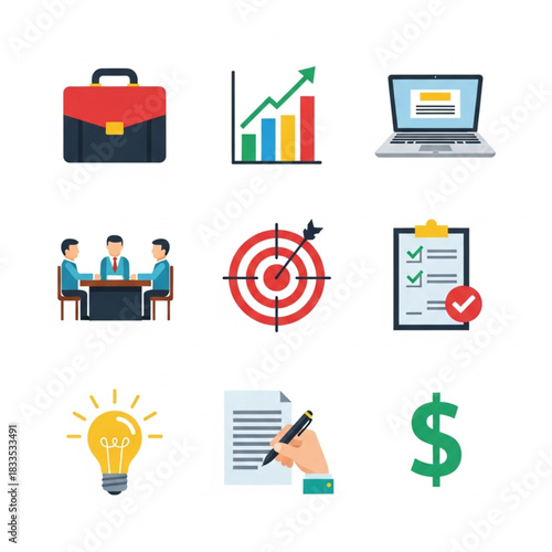Business & Office Icon Set – Flat Color Vector