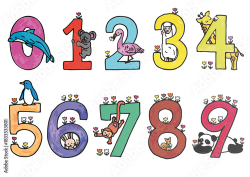 かわいい動物とカラフルな数字のイラストセット