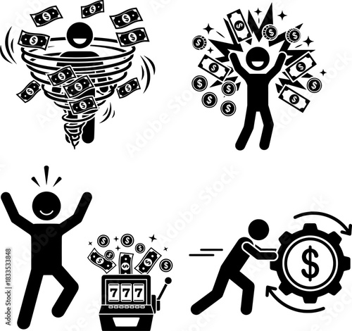 Money Tornado, Slot Machine Jackpot, and Business Gear Pictogram