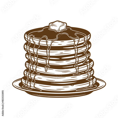 Stack of delicious pancakes with syrup and butter on a plate isolated design
